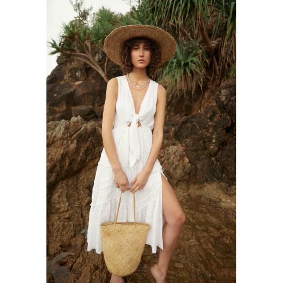 NWT Hemant & Nandita white lace Juhi cotton bohemian tie cutout slit midi dress - Picture 6 of 6